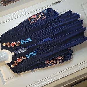 Velvet Blue Embroidered Boho Mini Dress w/ Bell Sleeves ~ Women's Sz M